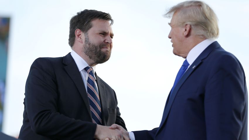 FILE - Senate candidate JD Vance, left, greets former President Donald Trump at a rally at the Delaware County Fairground, April 23, 2022, in Delaware, Ohio, to endorse Republican candidates ahead of the Ohio primary on May 3. High-profile surrogates for Republicans running in Ohio's hotly contested Senate primary are fanning out across the state or holding other events to give their endorsed candidates a last-minute boost ahead of Tuesday's election. Sens. Josh Hawley, Ted Cruz and Rand Paul, along with Reps. Matt Gaetz and Marjorie Taylor Greene, were among the conservative emissaries making final pitches in the critical Senate race.  (AP Photo/Joe Maiorana, File)