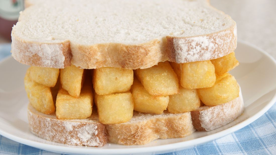 <strong>Chip butty, United Kingdom: </strong>So not fancy! This starchy wonderland features buttered white bread and stuffed with fries (aka chips in its native Britain). Condiments range from ketchup and malt vinegar to mayonnaise.