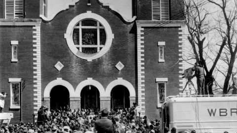 Demonstrators gather at the church on March 26, 1965.