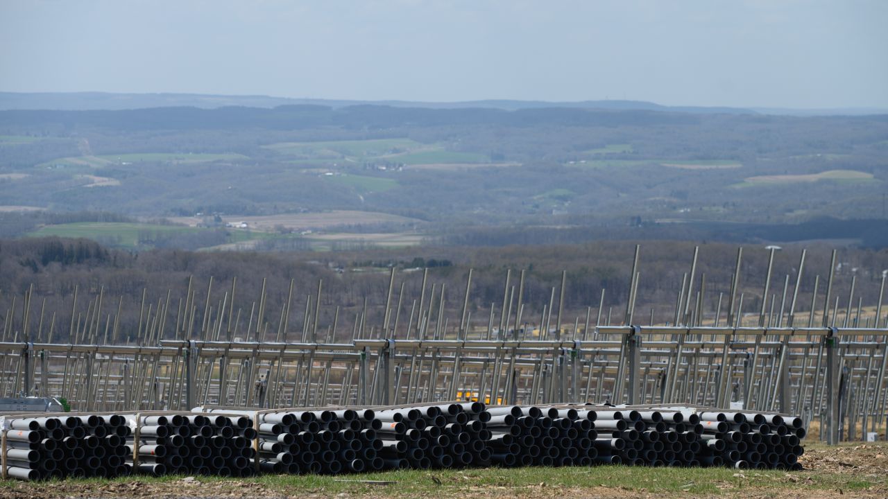 Racking systems to hold solar panels sit empty on top of an old strip mine in Portage, Pennsylvania, on Monday, April 25.The fallout from a trade probe is rippling through the US solar industry, delaying projects and threatening to slow the renewable energy transition.