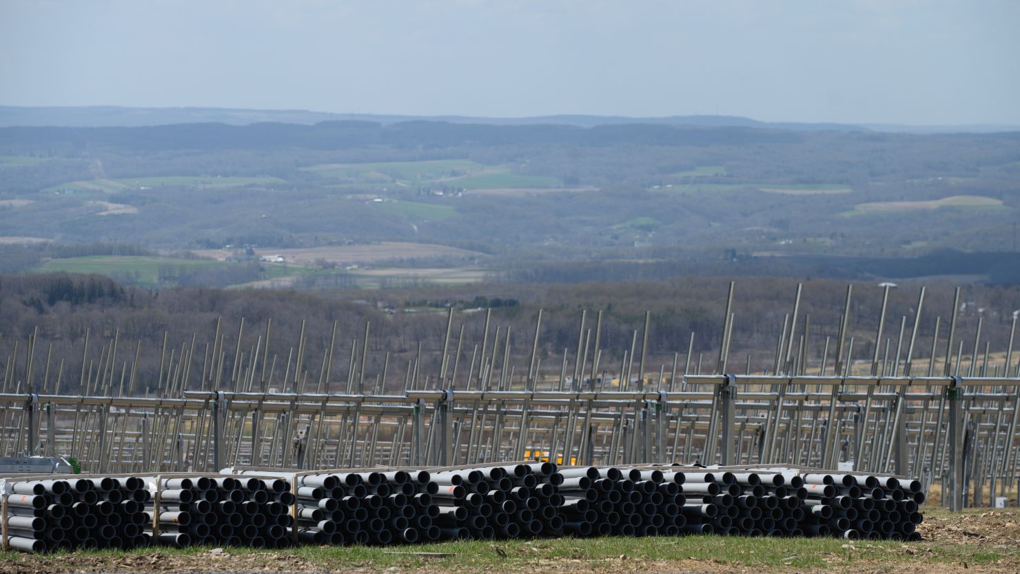 Racking systems to hold solar panels sit empty on top of an old strip mine in Portage, Pennsylvania, on Monday, April 25.The fallout from a trade probe is rippling through the US solar industry, delaying projects and threatening to slow the renewable energy transition.
