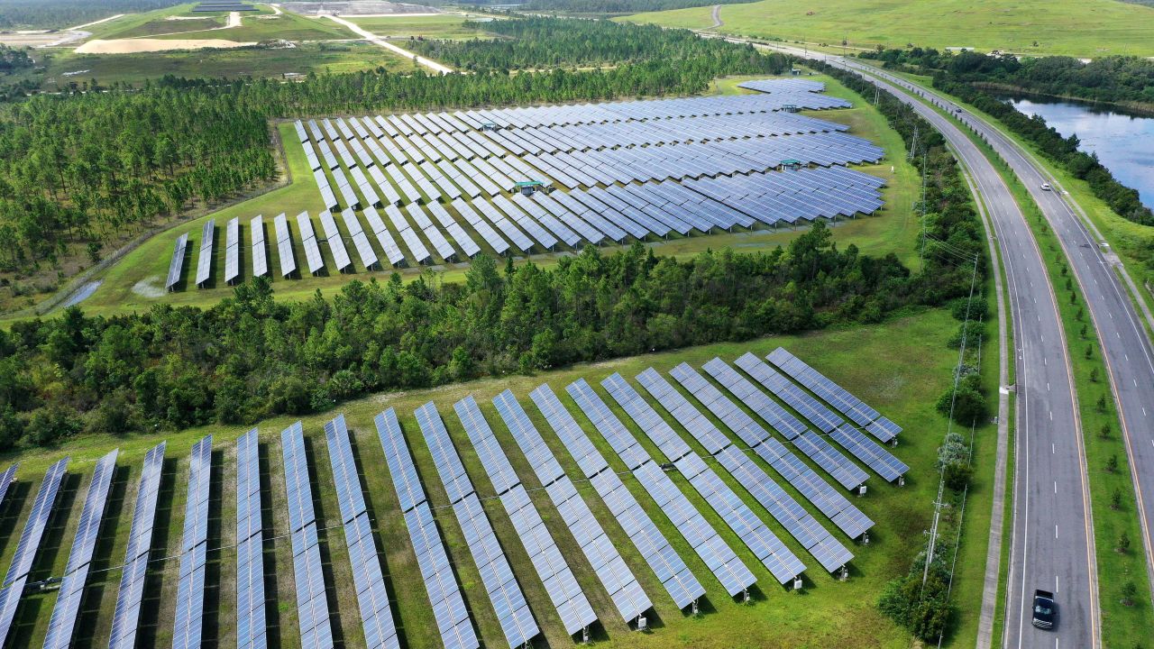 The 6 megawatt Stanton Solar Farm outside of Orlando, Florida is seen in this aerial view from a drone. (Photo by Paul Hennessy/SOPA Images/LightRocket via Getty Images)