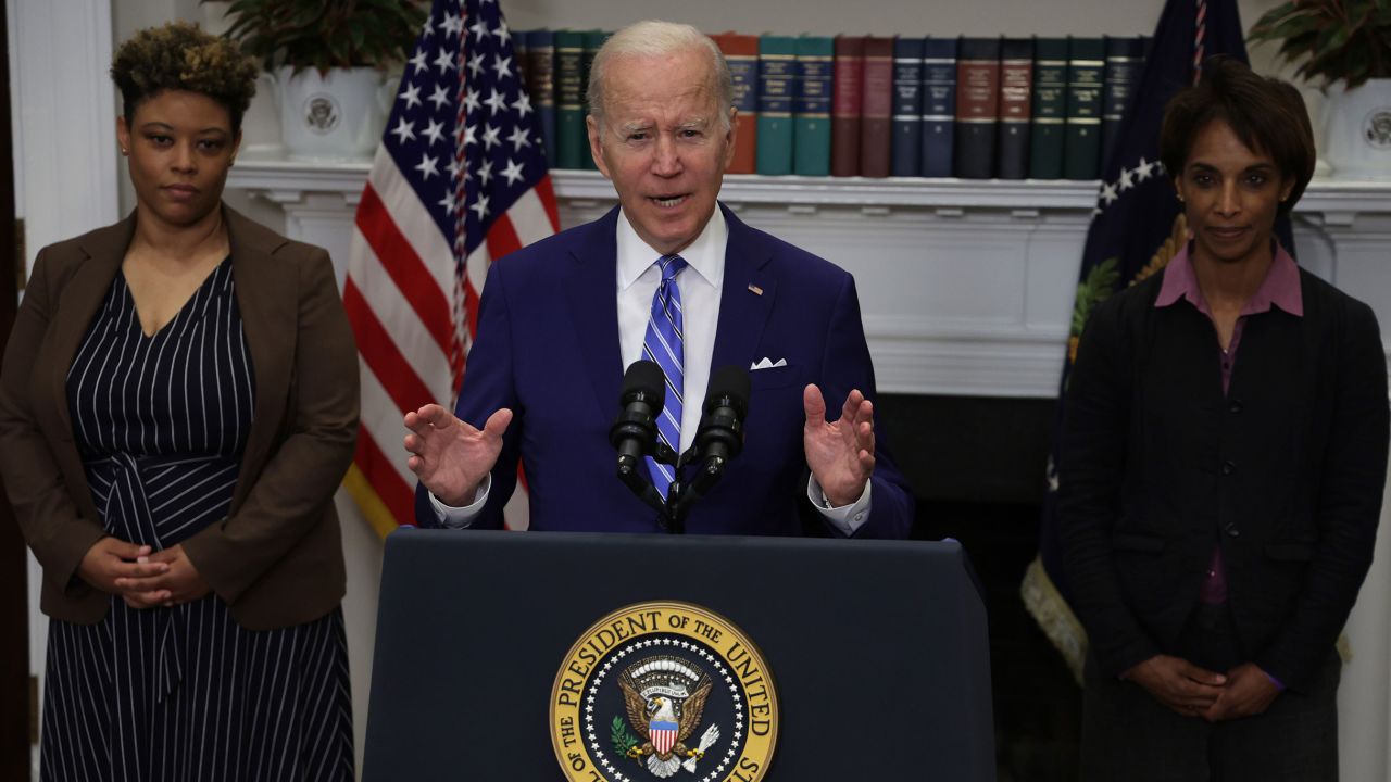 WASHINGTON, DC - MAY 04:  U.S. President Joe Biden speaks as Director of the Office of Management and Budget Shalanda Young (L) and Assistant to the President & Chair of the Council of Economic Advisers Cecilia Rouse (R) listen during an event at the Roosevelt Room of the White House May 4, 2022 in Washington, DC. President Biden delivered remarks on economic growth, jobs, and deficit reduction.  