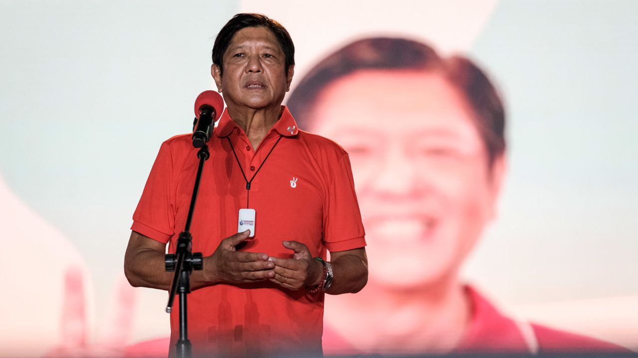 Presidential frontrunner and former senator, Ferdinand Marcos Jr, graces the stage during a campaign rally in San Fernando, Pampanga, on April 30.