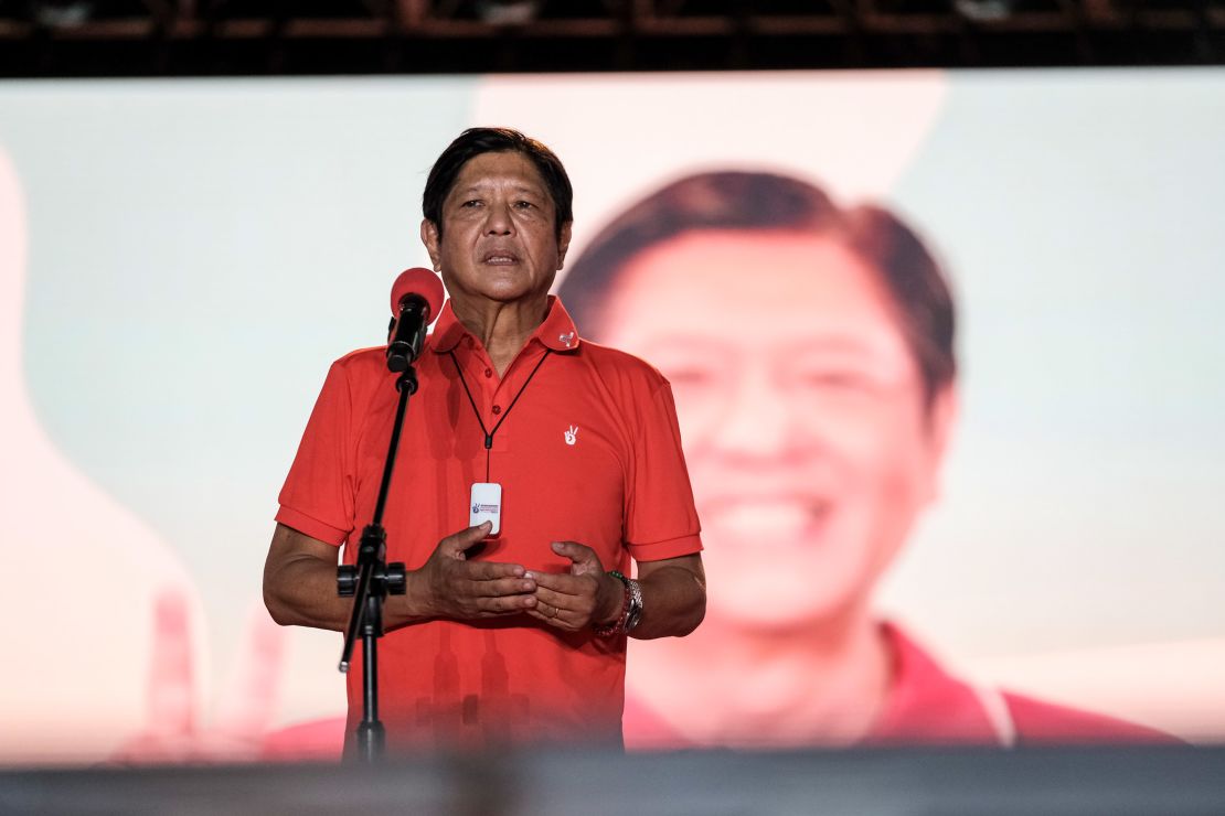 Presidential frontrunner and former senator, Ferdinand Marcos Jr, graces the stage during a campaign rally in San Fernando, Pampanga, on April 30.