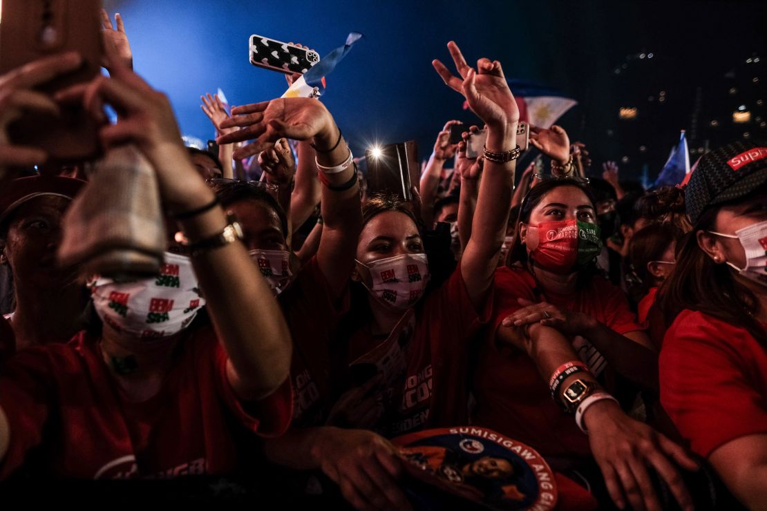 Supporters of presidential candidate Ferdinand Marcos Jr cheer during a campaign rally in San Fernando City, Pampanga, on April 29. 
