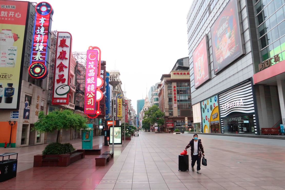 Near-empty Nanjing Road pedestrian street is seen during the May Day holiday on May 1, 2022 in Shanghai, China. 
