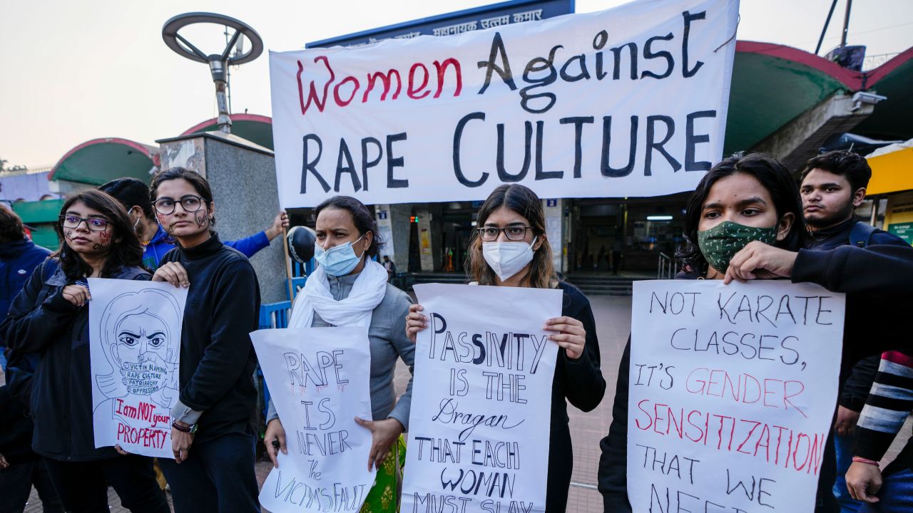 University students protest after the gang-rape of a girl in New Delhi, in Kolkata, India, Saturday, January 29, 2022.