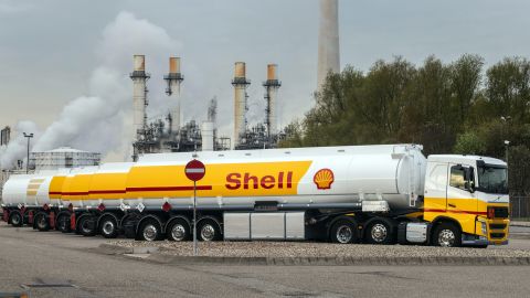 Fuel tanker trucks at the Shell Pernis refinery in Rotterdam, Netherlands.