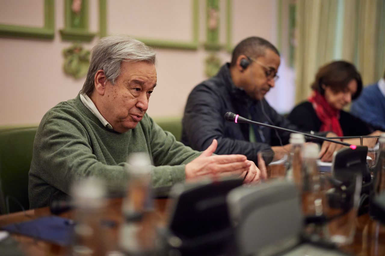 Guterres speaks during his meeting with Zelensky on April 28.