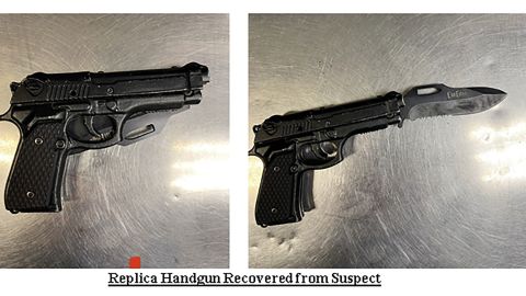 Los Angeles Police have shared a photo of the weapon they say was taken from the suspect who jumped on stage and  Chappelle. The weapon is a replica handgun, but also includes a knife blade. It was collected and booked as evidence, according to a release from LAPD.
