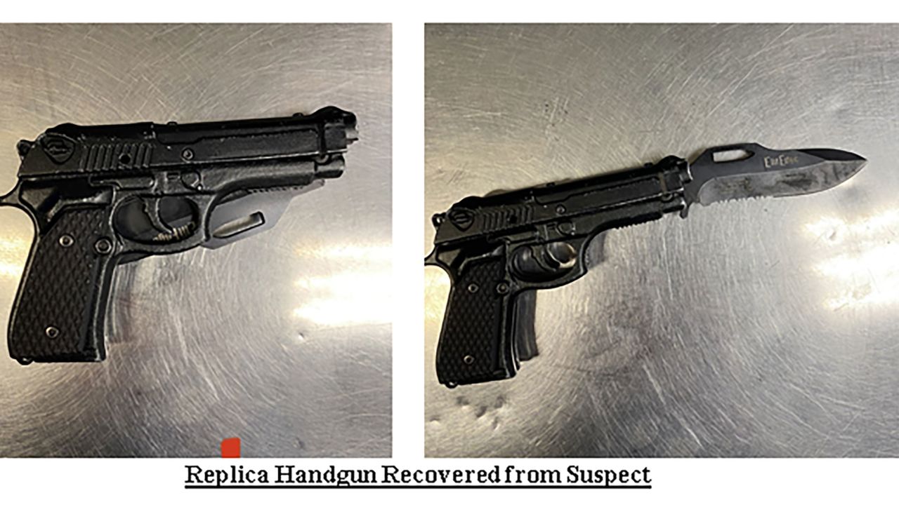 Los Angeles Police have shared a photo of the weapon they say was taken from the suspect who jumped on stage and Chappelle. The weapon is a replica handgun, but also includes a knife blade. It was collected and booked as evidence, according to a release from LAPD.
