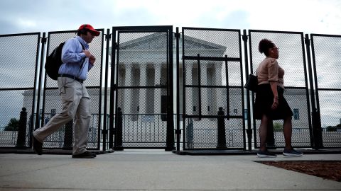 Non-scalable fencing was installed overnight around the Supreme Court Building amid ongoing abortion-rights demonstrations May 5, 2022 in Washington, DC. 
