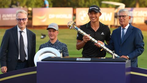 Lawlor and two-time major winner Collin Morikawa (centre right) at the DP Tour World Championship in Dubai, November 2021.