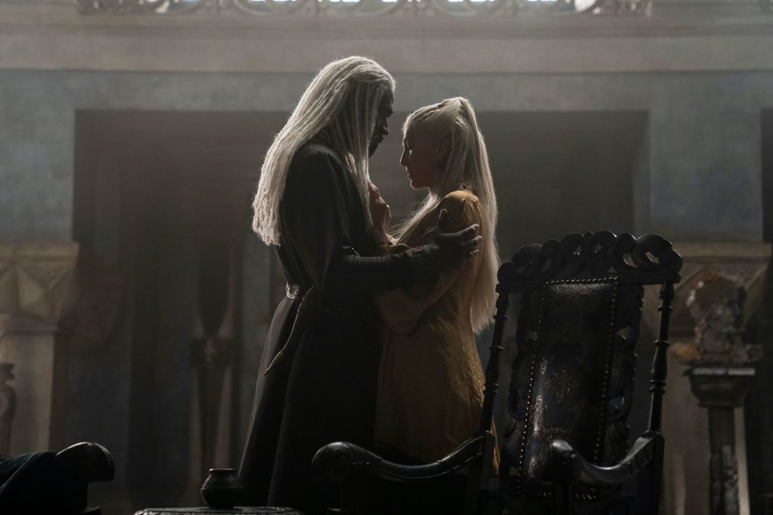 Steve Toussaint as Lord Corlys Velaryon, Eve Best as Princess Rhaenys Targaryen.