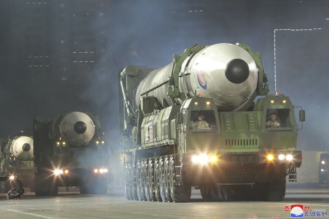 Missiles on display during a military parade at Kim Il-sung Square in Pyongyang in April.