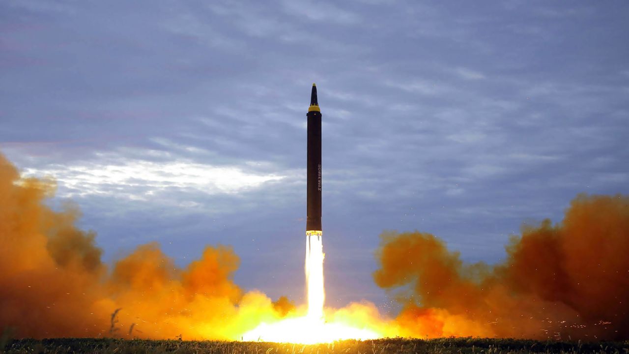 North Korea's intermediate-range strategic ballistic rocket Hwasong-12 lifts off in 2017. 