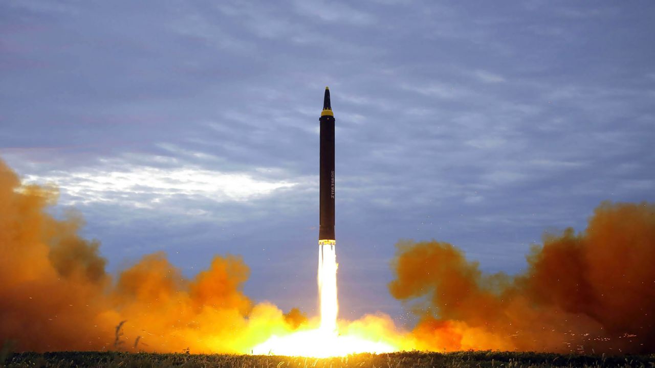 North Korea's intermediate-range strategic ballistic rocket Hwasong-12 lifts off in 2017.