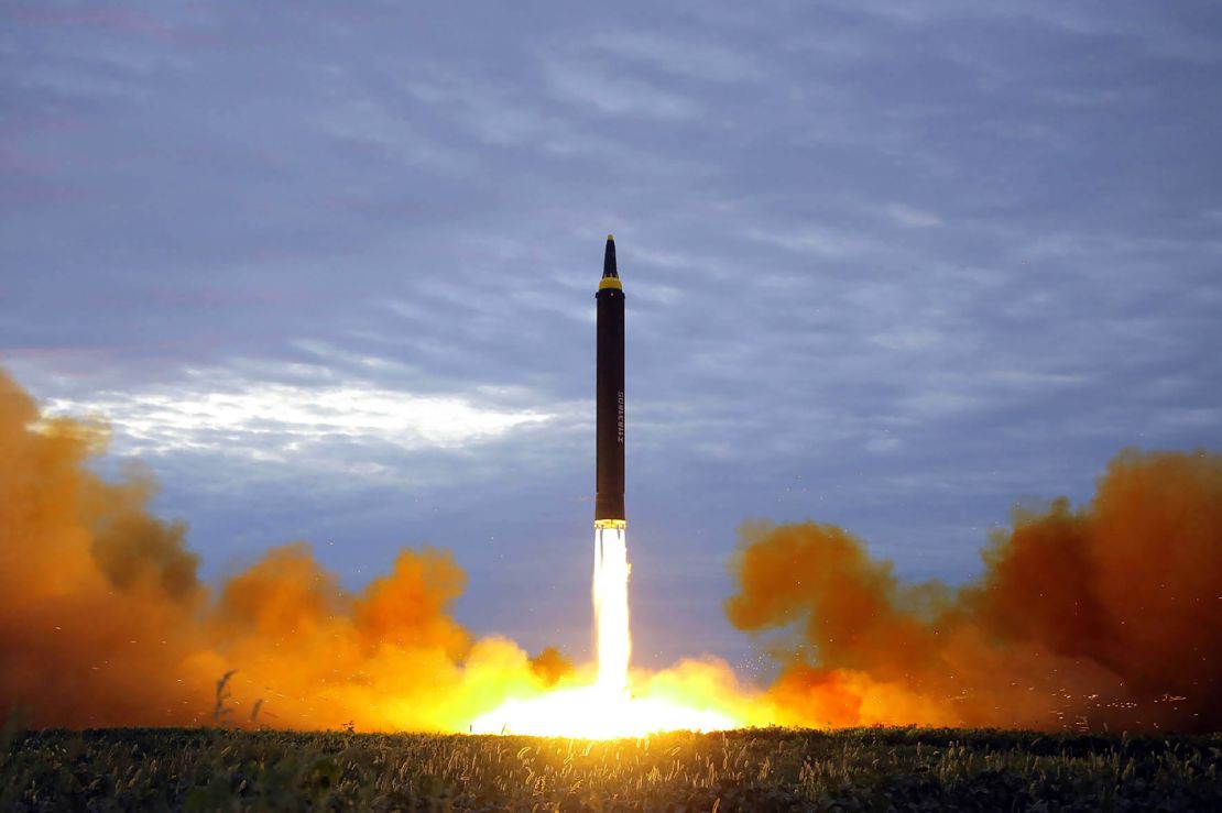 North Korea's intermediate-range strategic ballistic rocket Hwasong-12 lifts off in 2017. 
