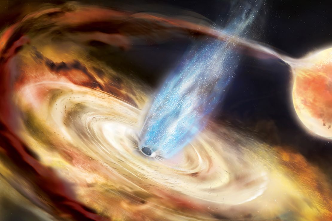 A black hole pulls material off a neighboring star and into an accretion disk in this illustration.