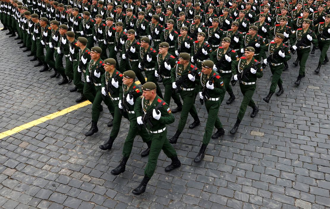 Russian service members marching on Red Square in central Moscow on May 9, 2021, to mark Victory Day. 