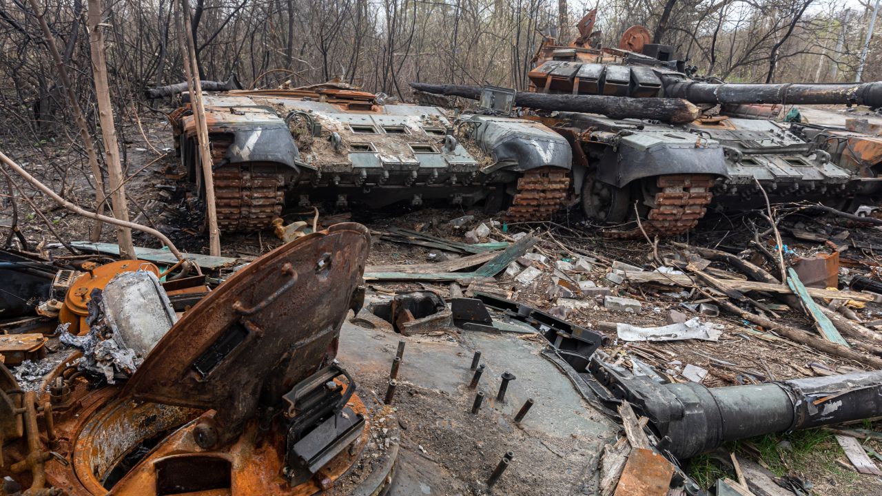 Destroyed and burned Russian tanks along a highway near the Ukrainian capital of Kyiv.