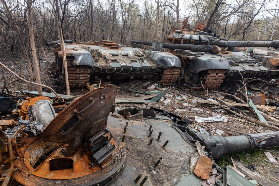 Destroyed and burned Russian tanks along a highway near the Ukrainian capital of Kyiv.