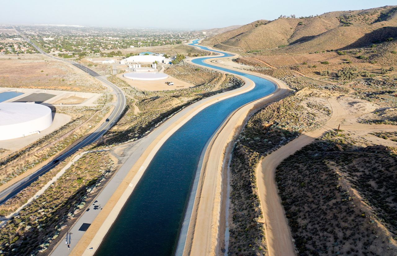 The California Aqueduct, which moves water from northern California to the state's drier south, is seen in Palmdale, California, on Tuesday, May 3. As Southern Californians brace for <a href="https://www.cnn.com/2022/05/04/us/california-drought-water-restrictions-climate/index.html" target="_blank">unprecedented water restrictions,</a> officials worry some communities won't have enough water to get through the summer — at least not without residents and businesses significantly cutting back on their usage.