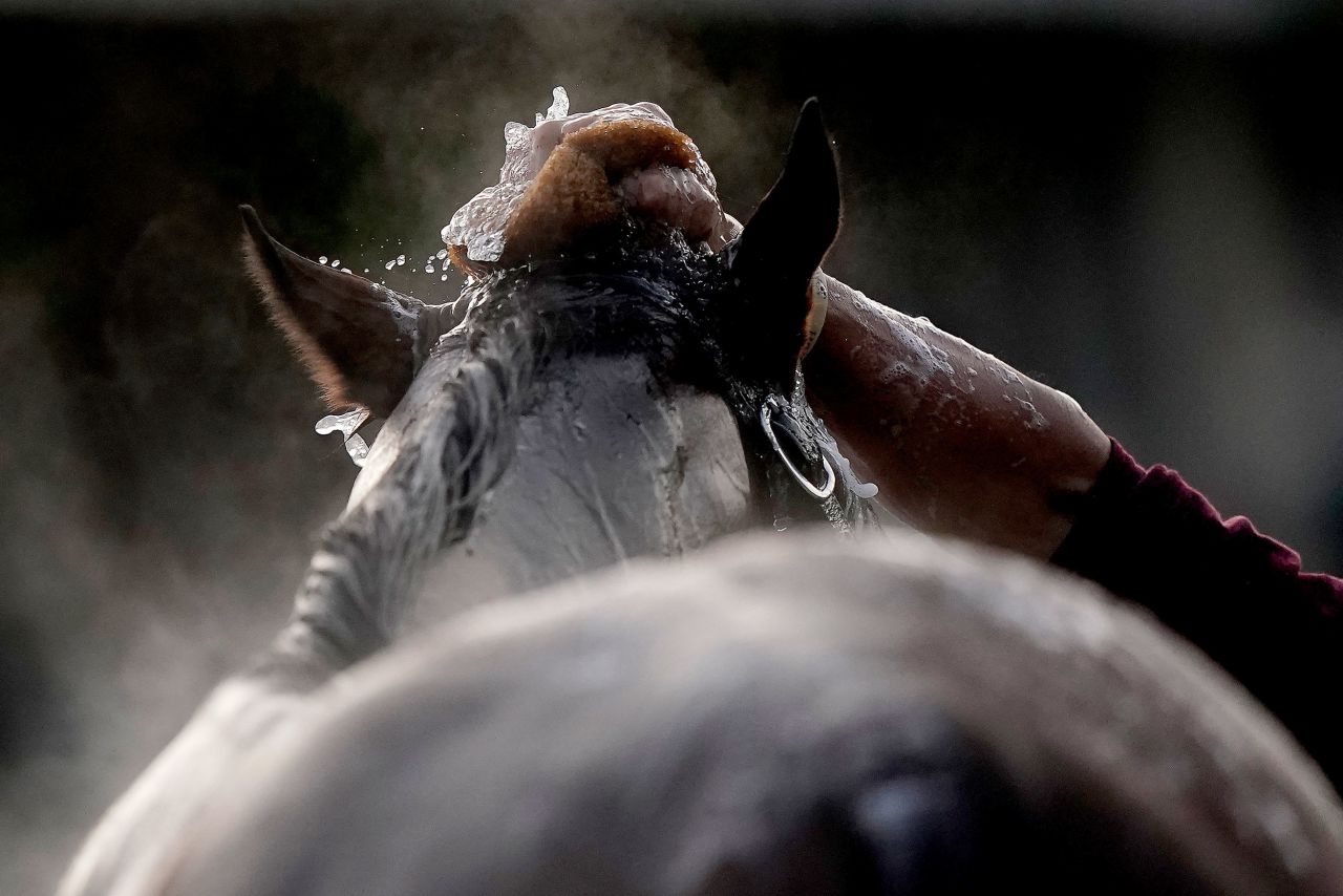 A horse gets a bath at Churchill Downs after a workout at the racetrack in Louisville, Kentucky, on Thursday, May 5. Saturday is the 148th running of the Kentucky Derby.