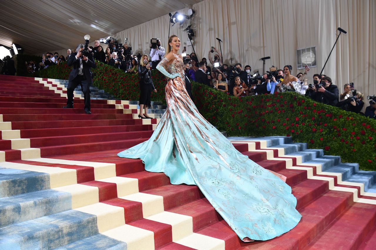 Actress Blake Lively arrives at the <a href="http://www.cnn.com/style/article/met-gala-2022-red-carpet-looks/index.html" target="_blank">Met Gala</a> in New York on Monday, May 2. This year's theme was <a href="https://www.cnn.com/style/article/met-gala-gilded-age-marginalized-fashion-cec/index.html" target="_blank">"gilded glamour."</a>