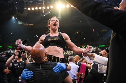 Boxer Katie Taylor celebrates after she defeated Amanda Serrano to defend her crown as the undisputed lightweight champion on Saturday, April 30. Taylor won a split decision and improved her professional record to 21-0.