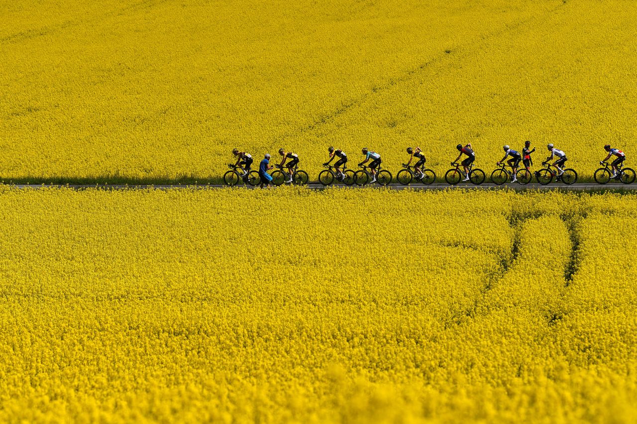 The peloton passes through a flowery landscape in Oulens-sous-Échallens, Switzerland, during the second stage of the Tour de Romandie on Thursday, April 28.