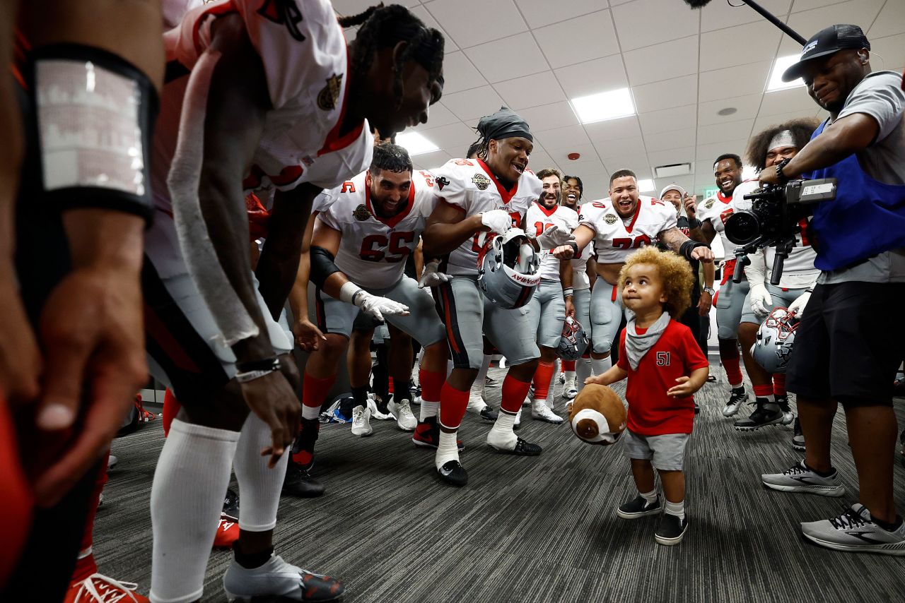 The USFL's Tampa Bay Bandits get some help celebrating after a win over Houston on Saturday, April 30.