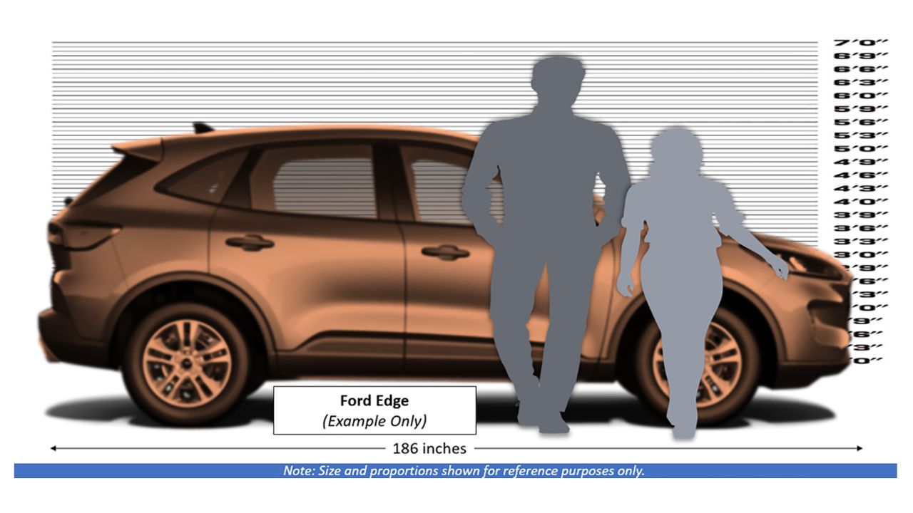 This rendering shows the heights of Casey White and Vicky White alongside their suspected escape vehicle. 