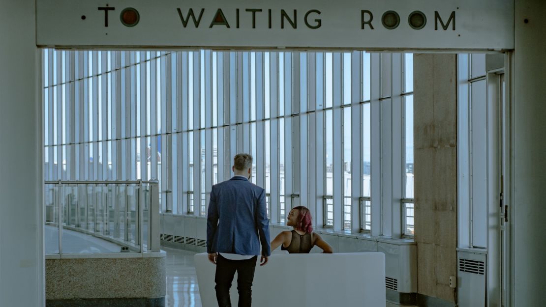 Krystina Burton and Gabriel Solberg first met at an airport terminal, a moment they recreated in this later photo.