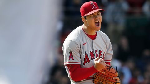 The Los Angeles Angels' Shohei Ohtani reacts after striking out Boston's Trevor Story during the seventh inning.