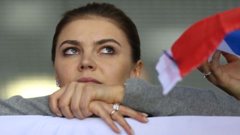 Alina Kabaeva, Russian Olympic champion in rhythmic gymnastics, watches a men's ice hockey match between Russia and Slovakia on February 16, 2014 during the Winter Olympic Games in Sochi, Russia.
