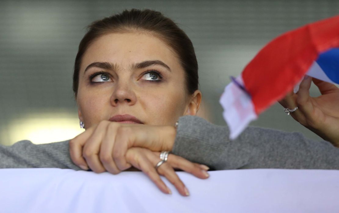 Alina Kabaeva, Russian Olympic champion in rhythmic gymnastics, watches a men's ice hockey match between Russia and Slovakia on February 16, 2014 during the Winter Olympic Games in Sochi, Russia.