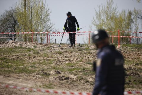 Ukrainian soldiers clear mines at the Antonov Airport in Hostomel, Ukraine, on May 5.
