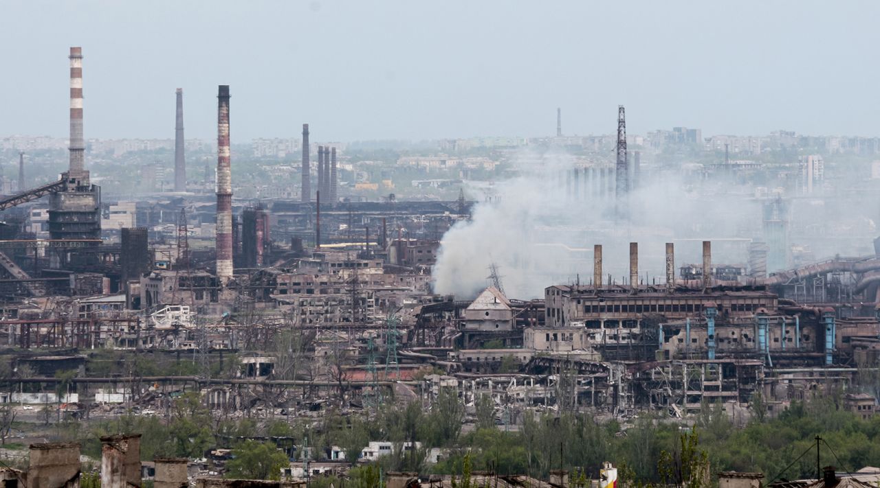 Smoke rises from the Azovstal steel plant in Mariupol on May 5.  Zelensky says Russia waging war so Putin can stay in power &#8216;until the end of his life&#8217; 220506075148 03 ukraine gallery update 050622