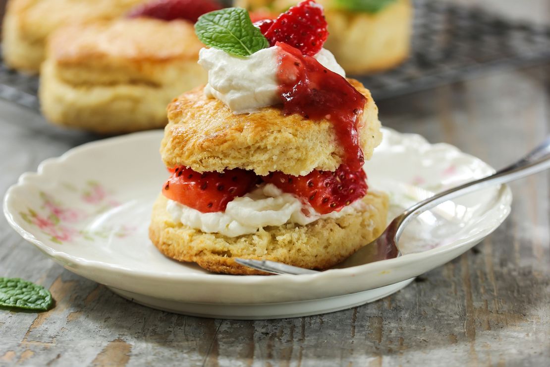 Strawberries, whipped cream and cakey biscuits make strawberry shortcake easy to put together.