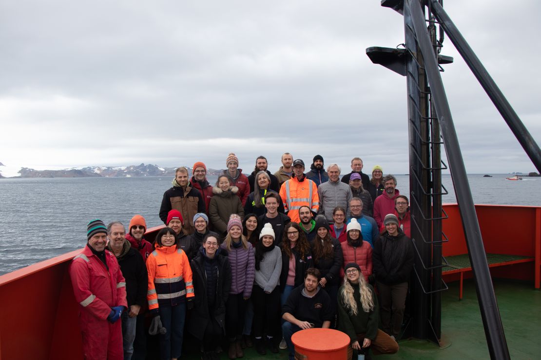 The science and logistics team for the NBP22-02 Expedition. Back row (l-r): Mark Symons, Philip Leadbitter, Billy Platt, Davide Fenucci, Callum Rollo, Tiago Segabinazzi Dotto, Anders Sjovall, Anna Wåhlin. 2nd row (l-r): Li Ling, Patricia Yager, Robert Hall, Robert Sherrell, Sharon Stammerjohn, Gareth Lee. 3rd row (l-r): Rick Petersen, Julia Wellner, Lisa Herbert, Asmara Lehrmann, Michael Comas, Guilherme Bortolotto De Oliviera, Amy Chiuchiolo, Lars Boehme, Ashley Morris. Front row (l-r) Paul Provost, Scott Walker, Yixi Zheng, Hilde Oliver, Rachel Clark, Giovanna Azarias Utsumi, Daisy Pickup, Hannah Wyles, Patricia Medeiros, Janelle Steffen. Kneeling (l-r): Robert Templeton, Laura Glastra.   Credit: Lars Boehme