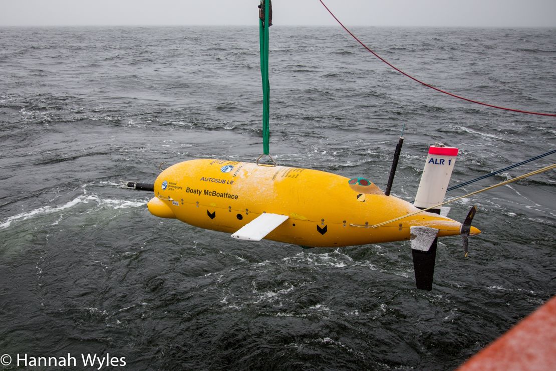 High-tech Autosub Long Range vehicle "Boaty McBoatface" is used to examine ice shelf conditions. This autonomous underwater vehicle is operated by the National Oceanography Centre.   Credit: Ms. Hannah Wyles, PhD student at University of St. Andrews