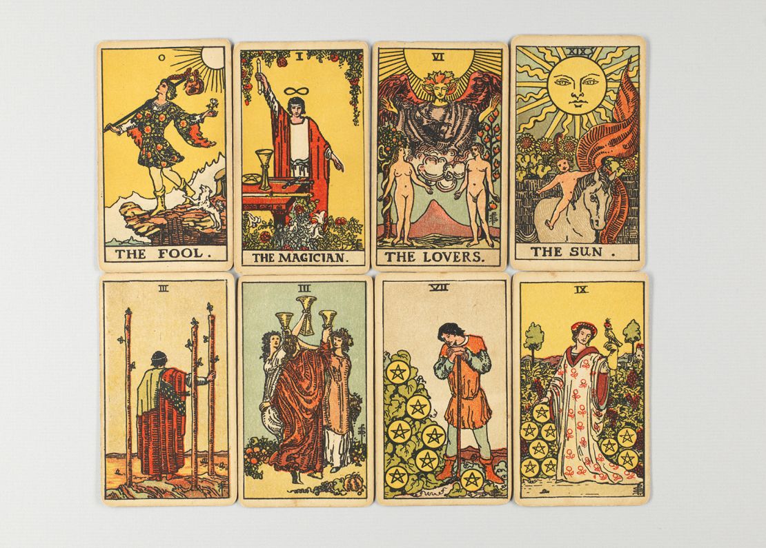 Eight cards from a vintage set of the Rider-Waite-Smith deck, printed between 1920 and 1930.