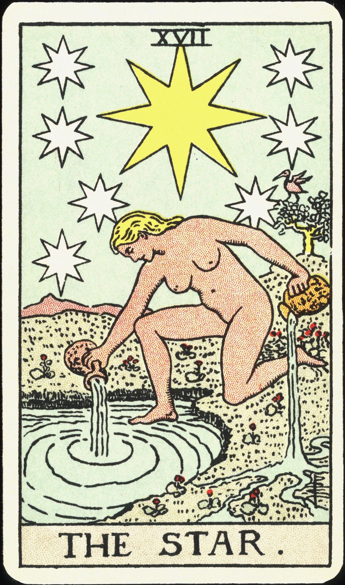 "La Estrella", de los Arcanos Mayores. Algunas de las obras de arte originales del tarot de Smith estaban en la colección del Archivo Alfred Stieglitz/Georgia O'Keeffe, que ahora forma parte de la Biblioteca de Yale.