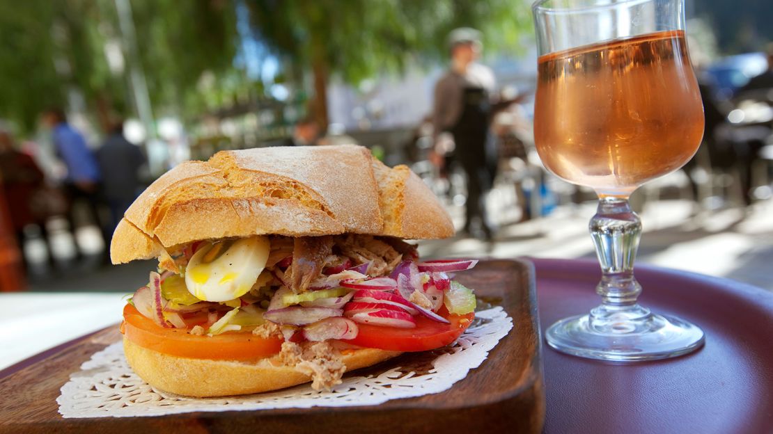 France, Alpes Maritimes, Nice, Place General de Gaulle, kiosk Tintin, pan bagnat often wrongly called bagnat bread is a