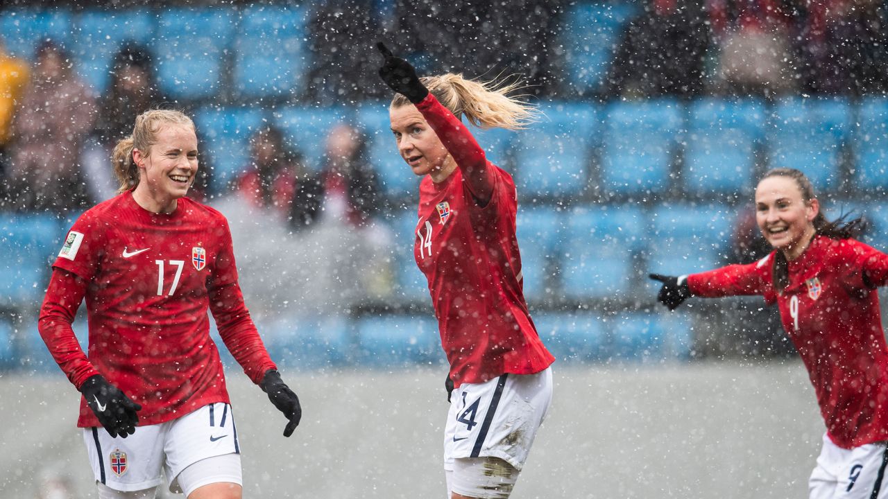 Hegerberg celebrates after scoring the first goal of her hattrick against Kosovo.