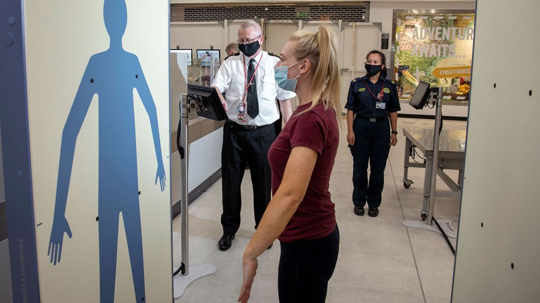 A woman transiting security at Ireland's Shannon Airport.