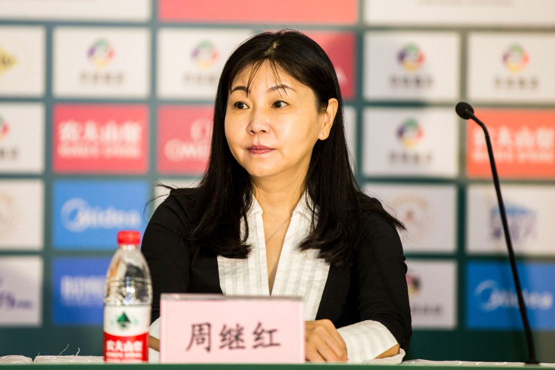 Zhou attends a press conference ahead of the Diving World Series event in Beijing in 2019.