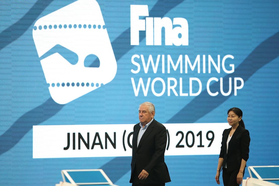 Zhou (right) attends the opening ceremony of the 2019 Swimming World Cup in Jinan, China. 